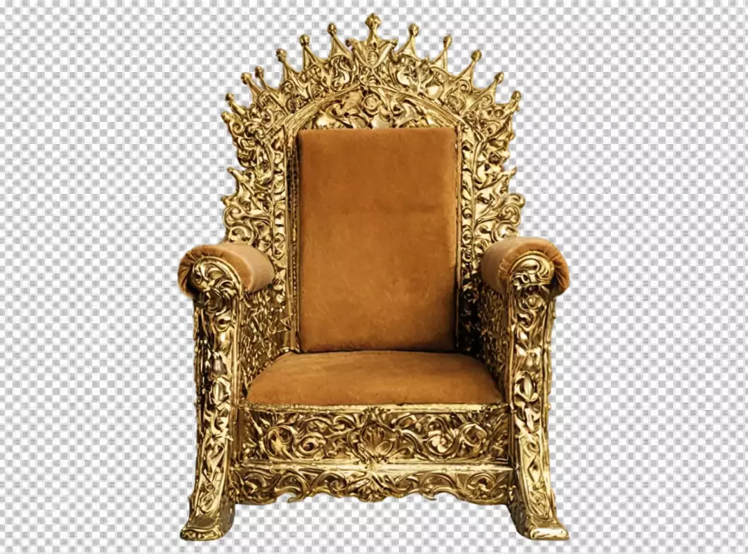 Ornate Golden Throne with Crown Details and Velvet Seating Isolated on Transparent Background