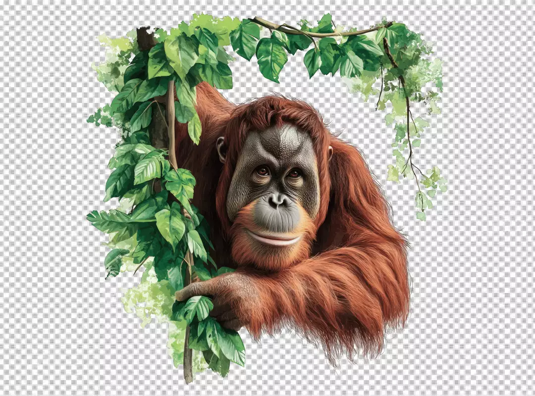 Majestic Orangutan Portrait Holding Branch in Lush Tropical Foliage PNG