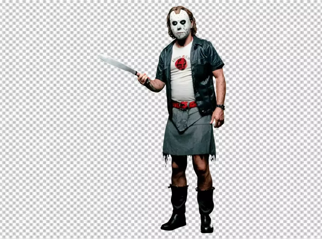 Unsettling Masked Figure in Horror Costume Holding a Sharp Machete