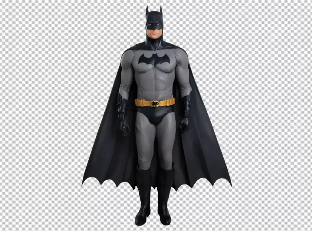Iconic Batman Superhero in Classic Gray Suit Standing on White Background