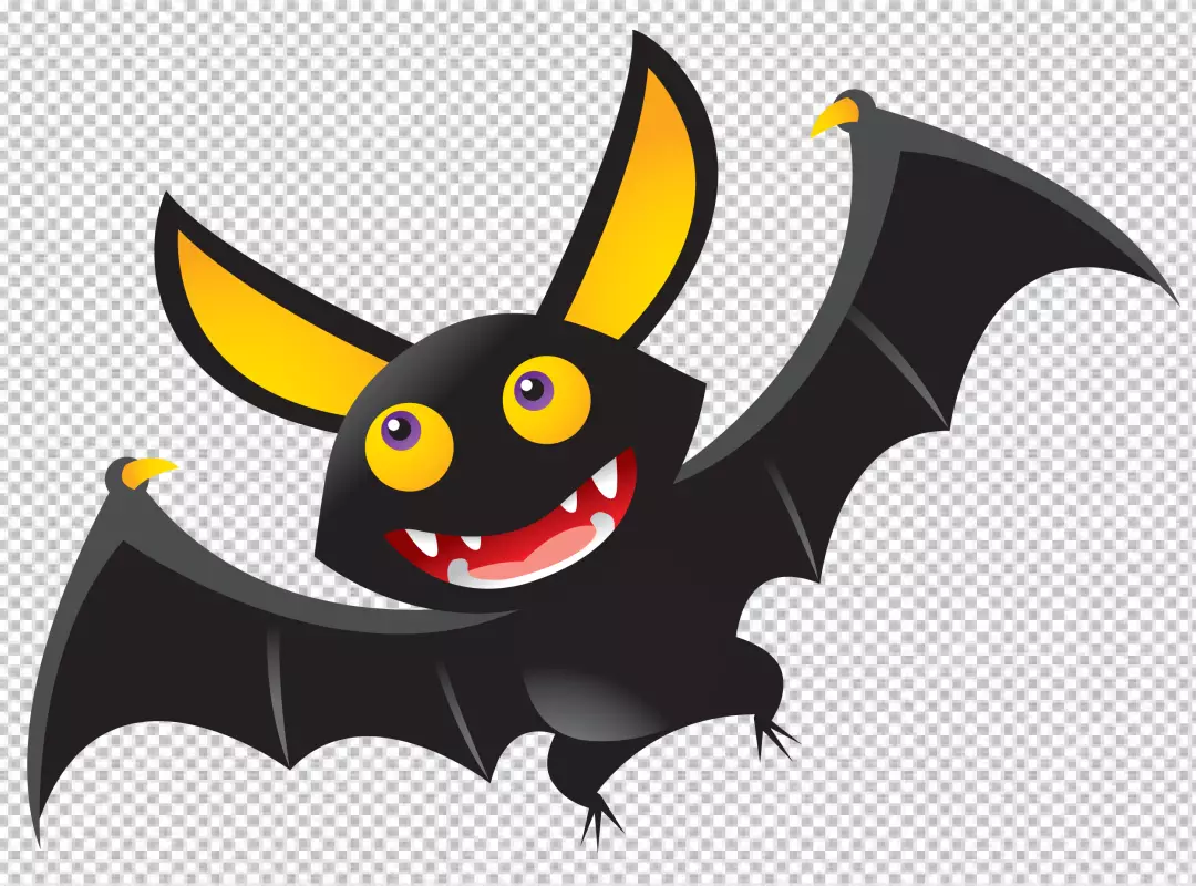 Smiling Cartoon Bat Flying with Yellow Ears and Sharp Fangs for Halloween Designs