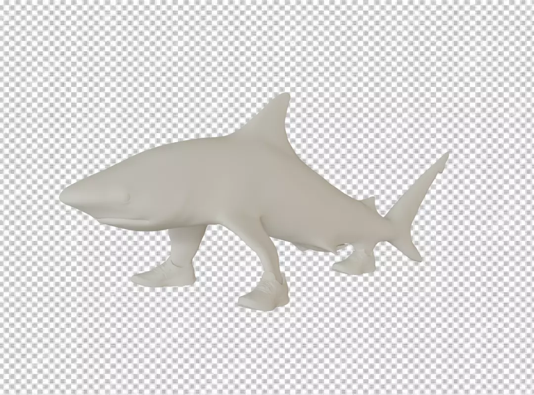 Whimsical 3D Rendered Shark Character Walking in Athletic Sneakers on Black