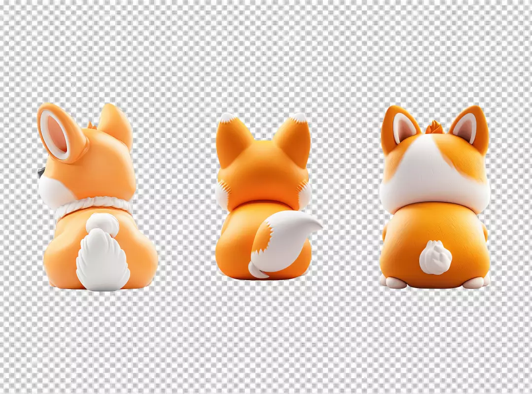 Adorable 3D Cartoon Fox Characters Posing from Behind in Vibrant Orange and White