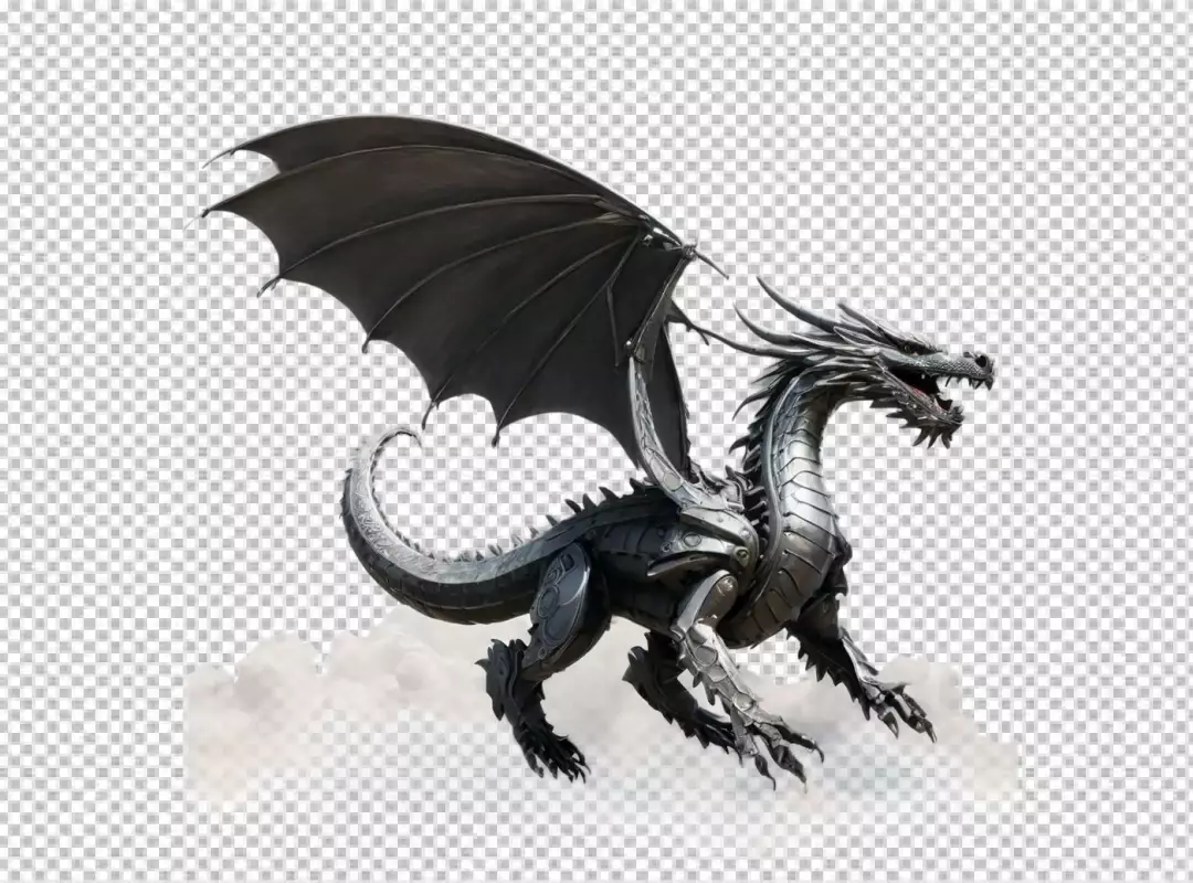 Armored Silver Dragon Flying in Clouds Fantasy Art Digital Illustration