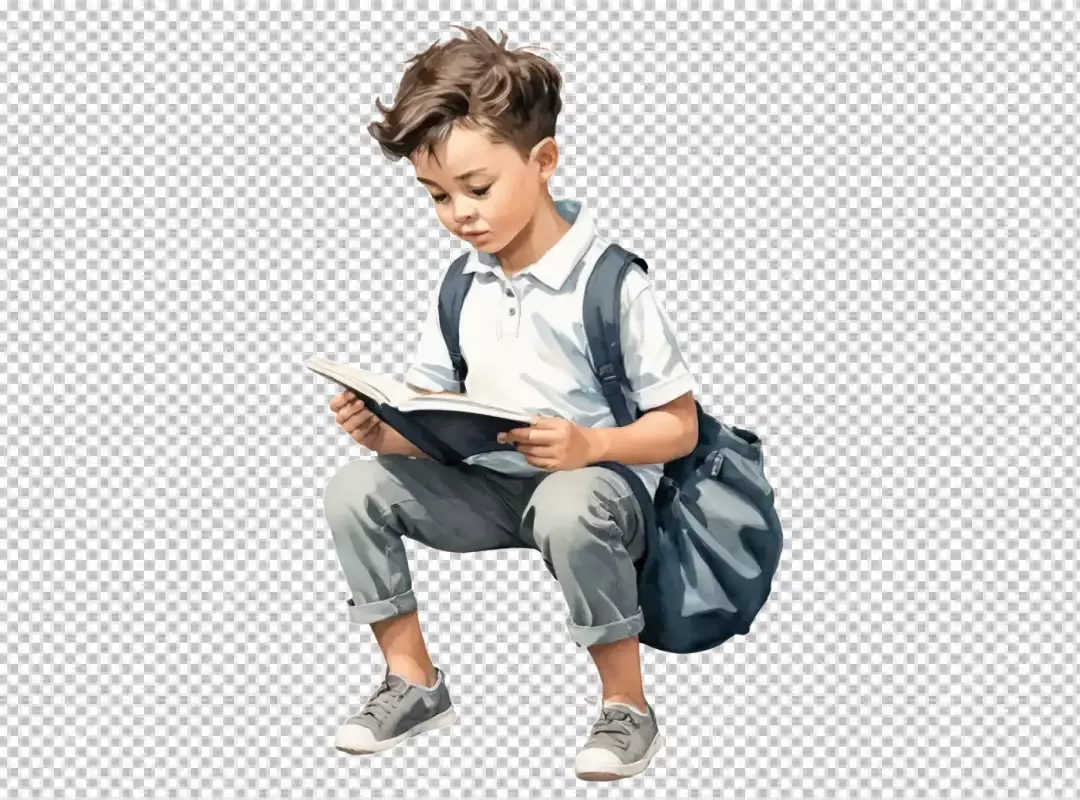 Focused Young Schoolboy Engaged in Reading Book with Backpack, Student Learning