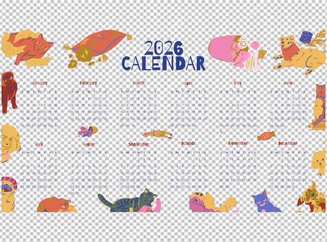 Whimsical 2026 Yearly Calendar Design with Playful Illustrated Pets and Colorful Doodles