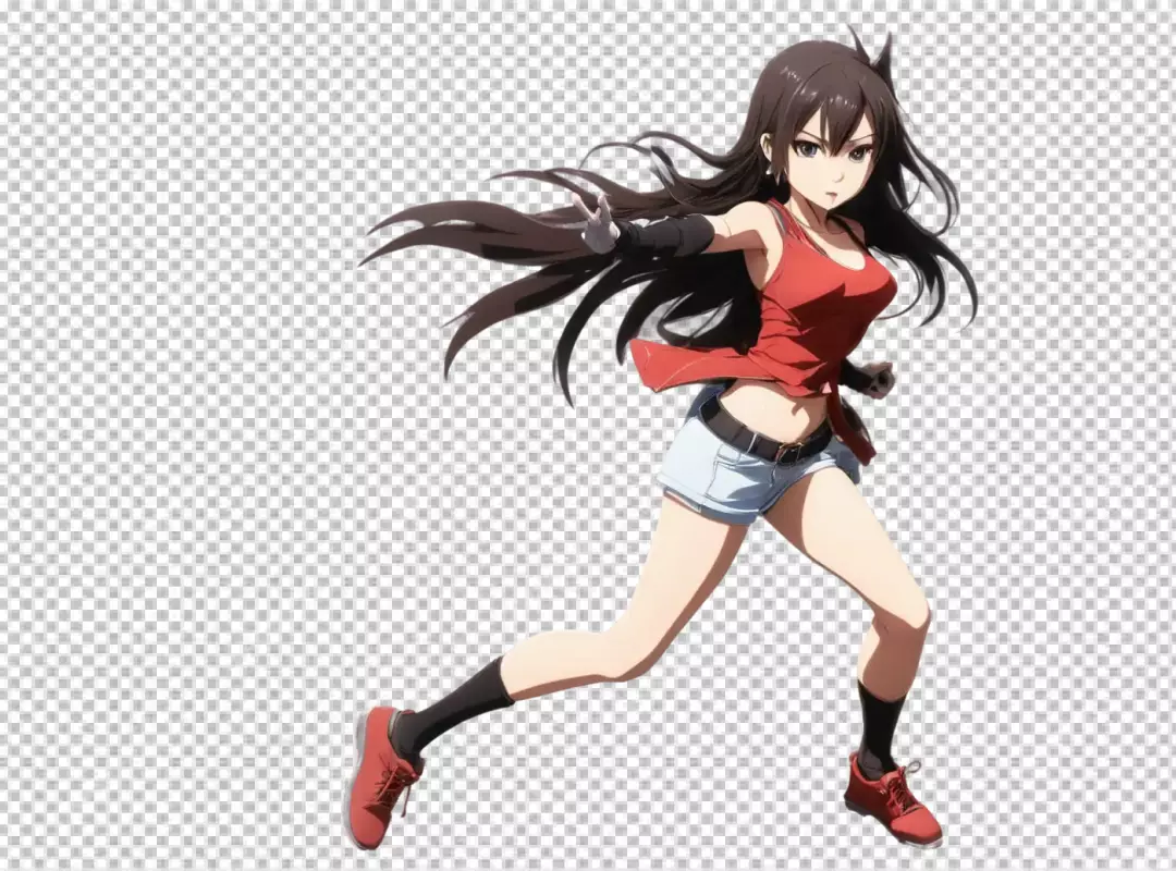 Dynamic anime girl with flowing dark hair in athletic running pose