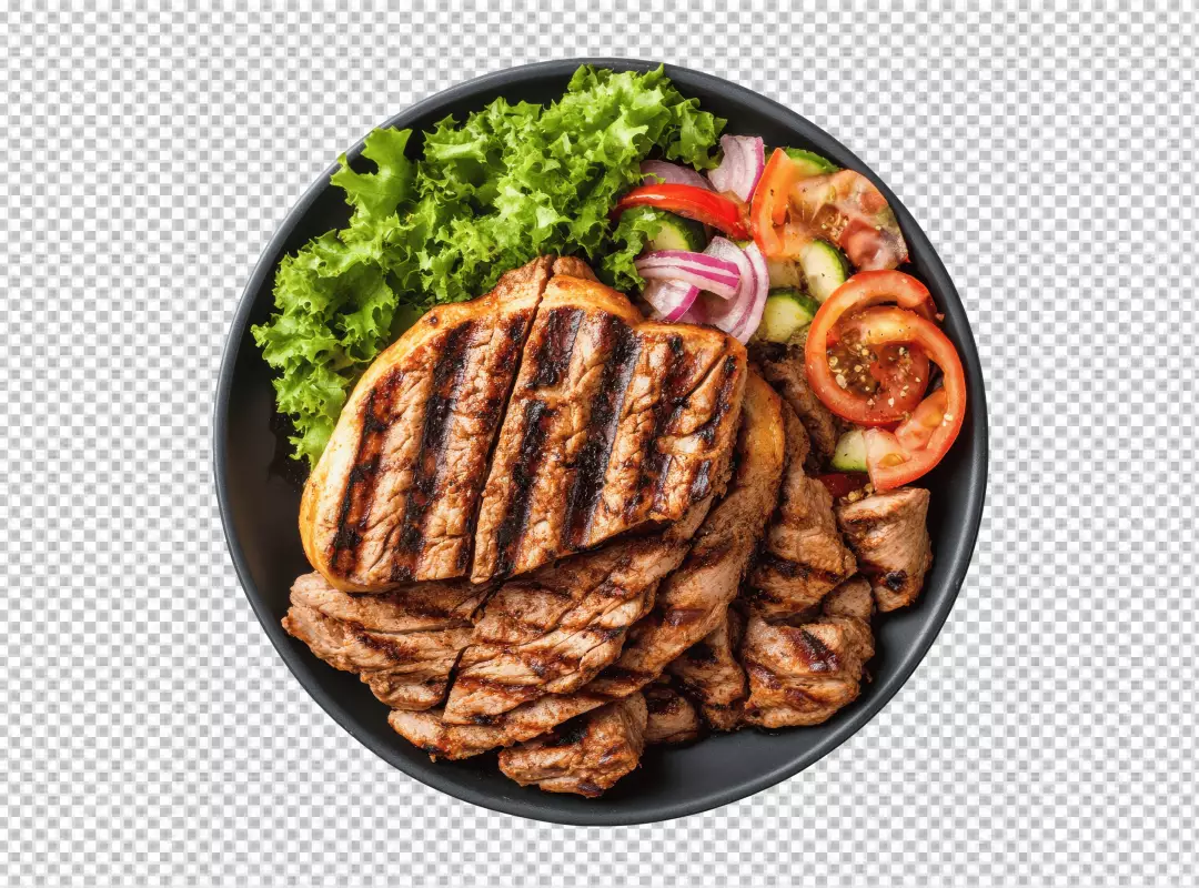 Delicious Grilled Meat with Fresh Mixed Salad on Black Plate PNG Cutout