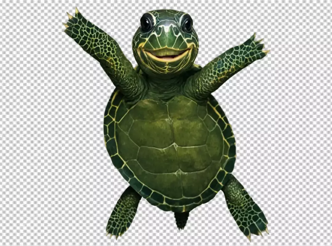 Adorable Green Sea Turtle Waving Hello with Spread Flippers on White Background