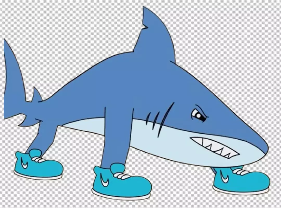 Humorous Blue Cartoon Shark Character Wearing Sporty Blue Sneakers