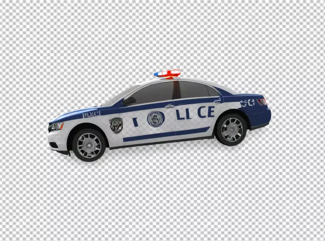Modern Police Patrol Car Sedan with Emergency Lights Isolated on White Background