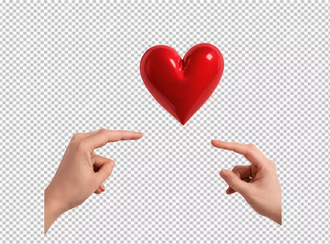Human Hands Pointing Towards a Glossy Red Heart Floating on White Background