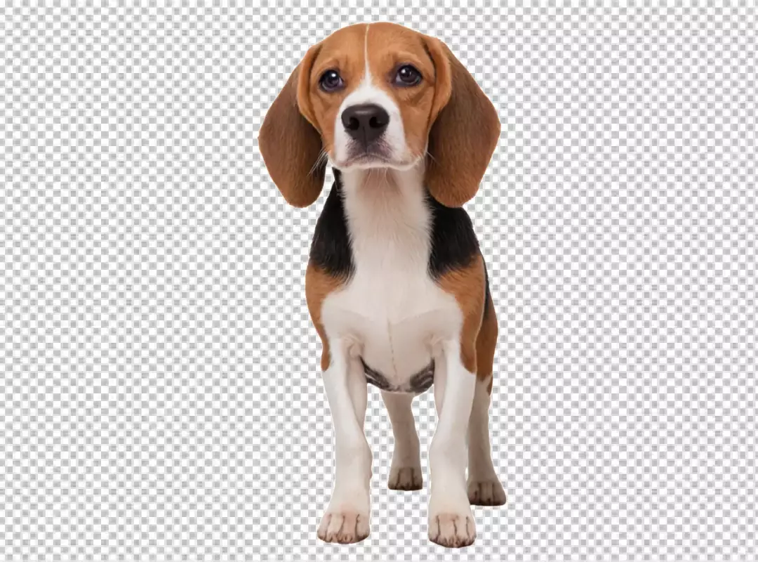 Adorable Young Tricolor Beagle Puppy Standing Alertly on Transparent Background
