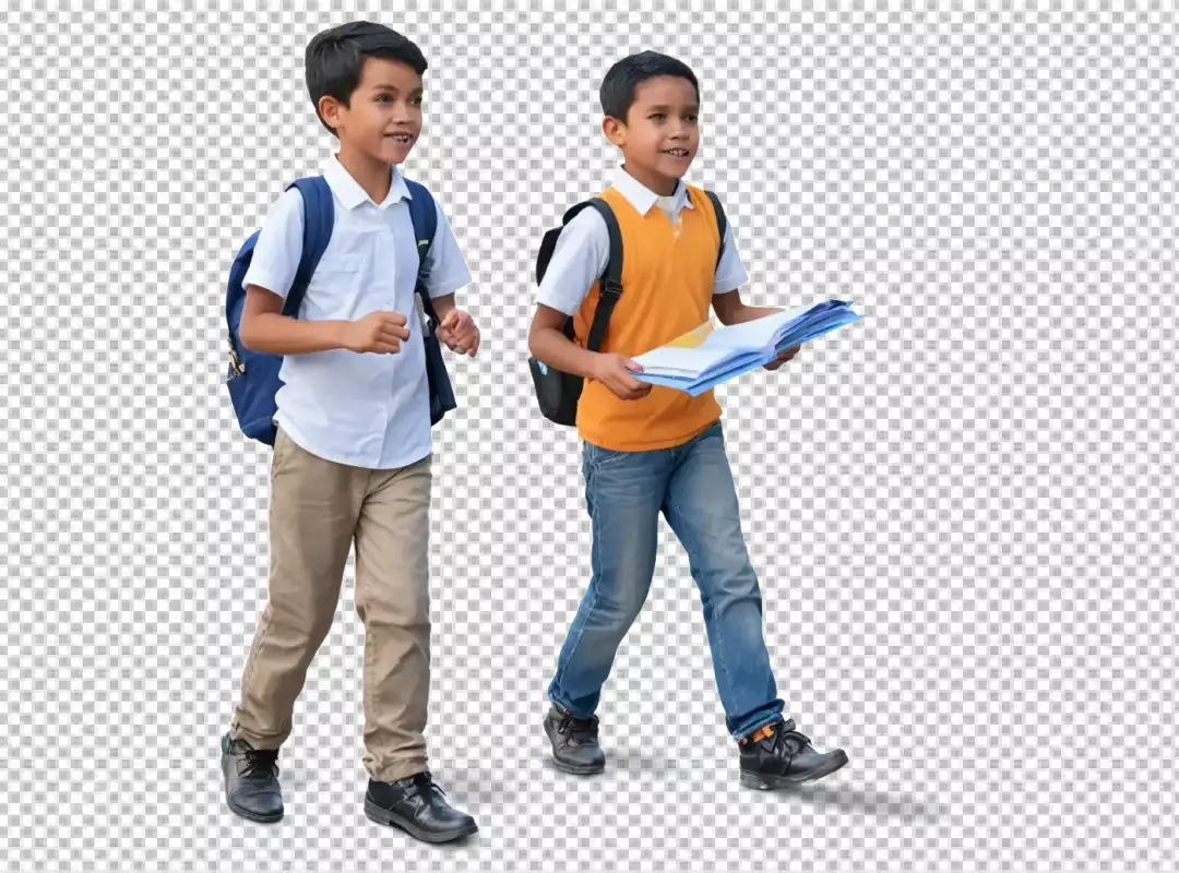 Two cheerful young Asian schoolboys walking happily with backpacks and books to class