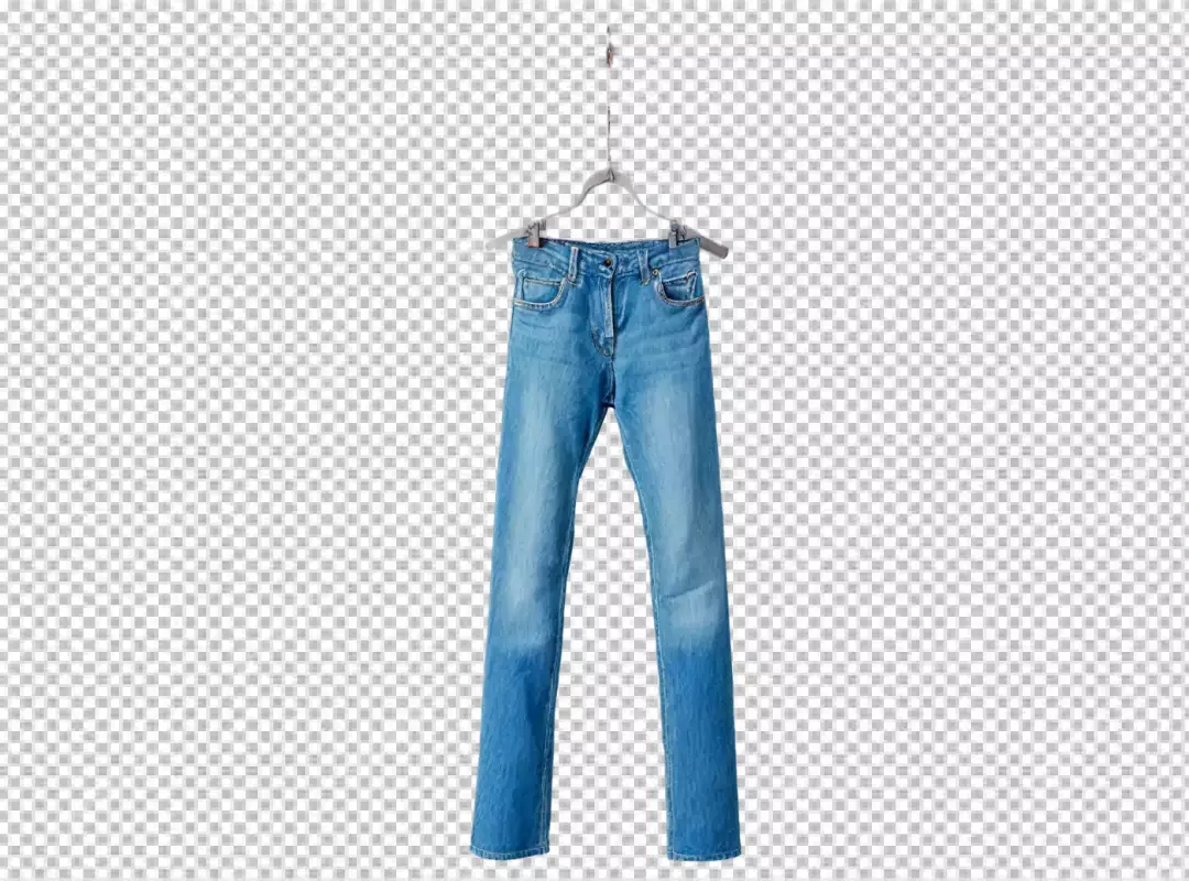Classic Blue Denim Jeans Hanging on Hanger Against White Background
