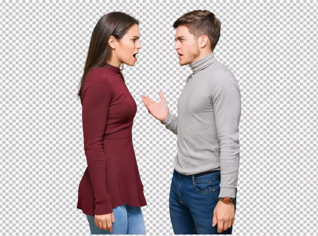 Expressive Young Couple Arguing with Open Mouths and Animated Gestures