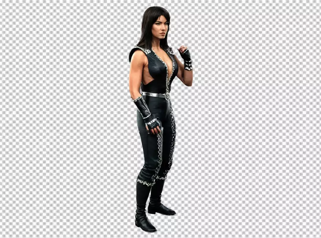 Intense Martial Arts Woman in Black Leather Outfit with Silver Accents