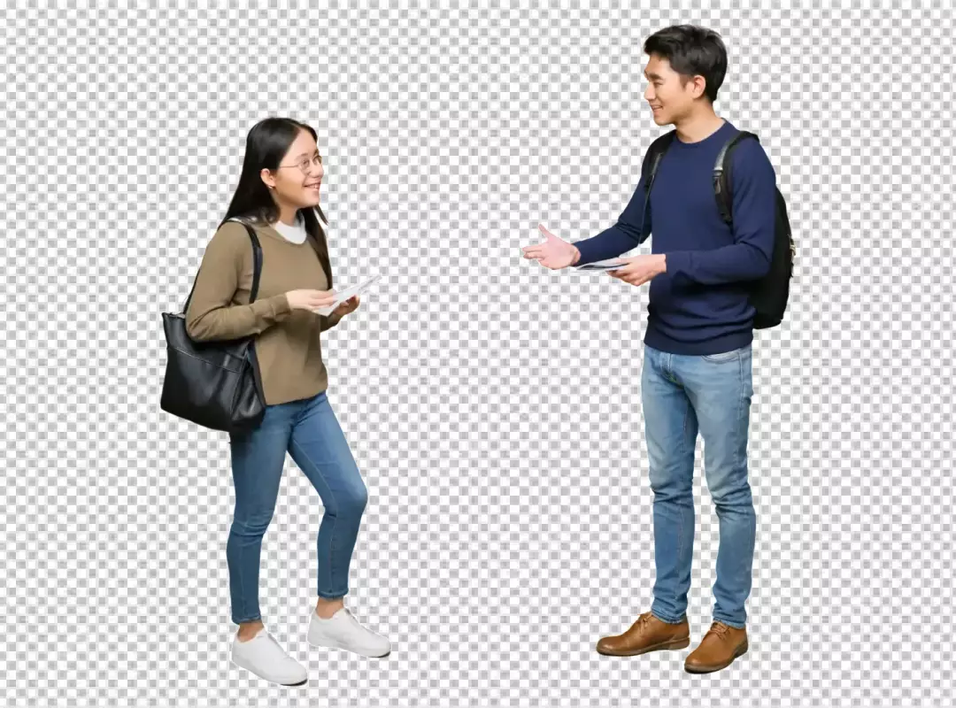 Smiling Young Asian Students Exchanging Information and Documents on White