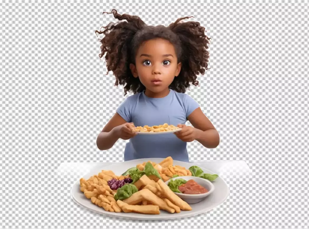 Adorable Young Girl with Curly Hair Holding Plate of Fried Snacks and Fast Food