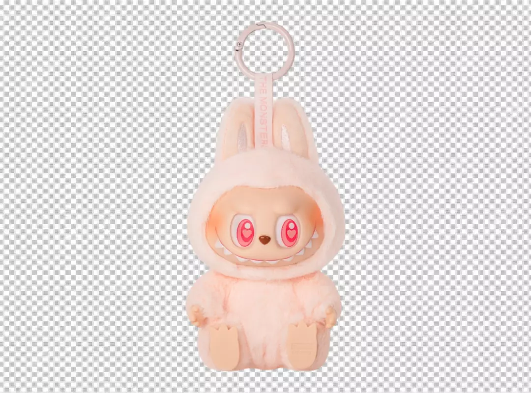 Pink Fluffy Monster Keychain with Bunny Ears and Playful Smile