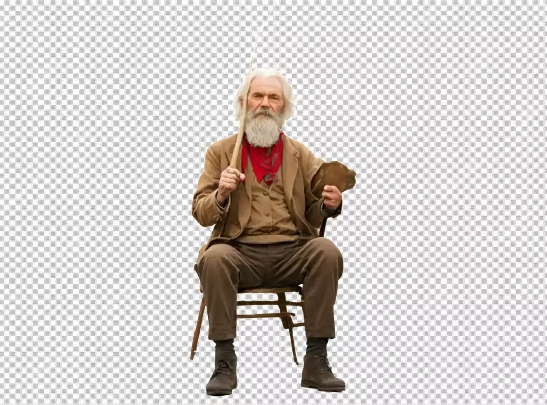 Wise Elderly Man with White Beard and Wooden Staff in Vintage Attire