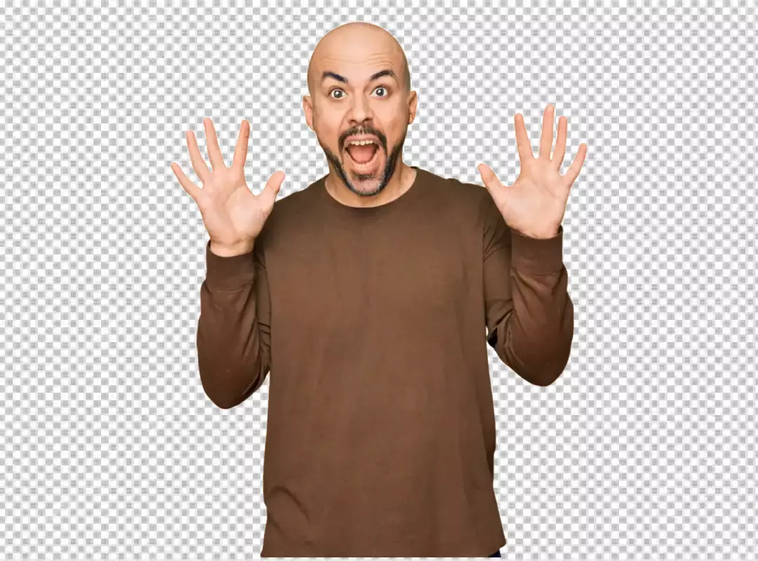 Astonished Bald Man in Casual Brown Shirt Expressing Extreme Surprise