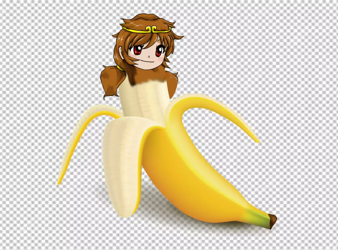 Whimsical Anime Character with Golden Circlet Emerging from Peeled Banana