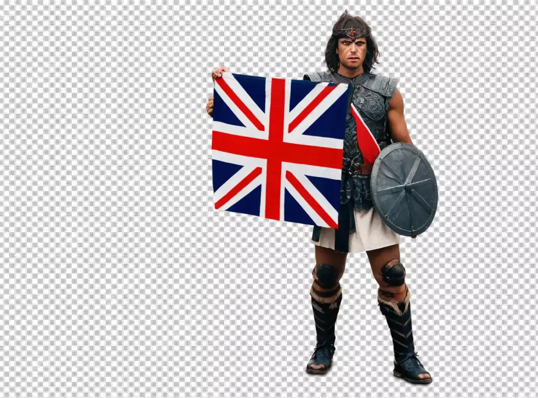 Resolute Warrior in Ancient Armor Holding Union Jack Flag and Shield