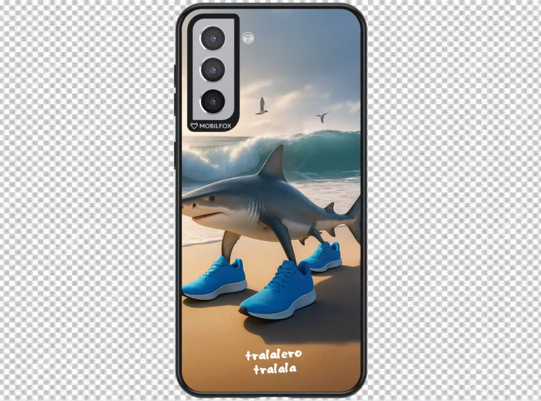 Creative Smartphone Case Design with Humorous Shark in Blue Sneakers on Beach