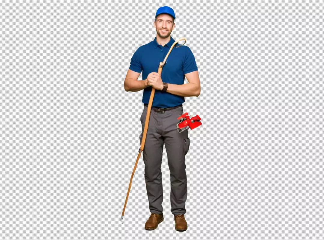 Happy Professional Man in Blue Uniform Holding Snake Hook and Safety Gear