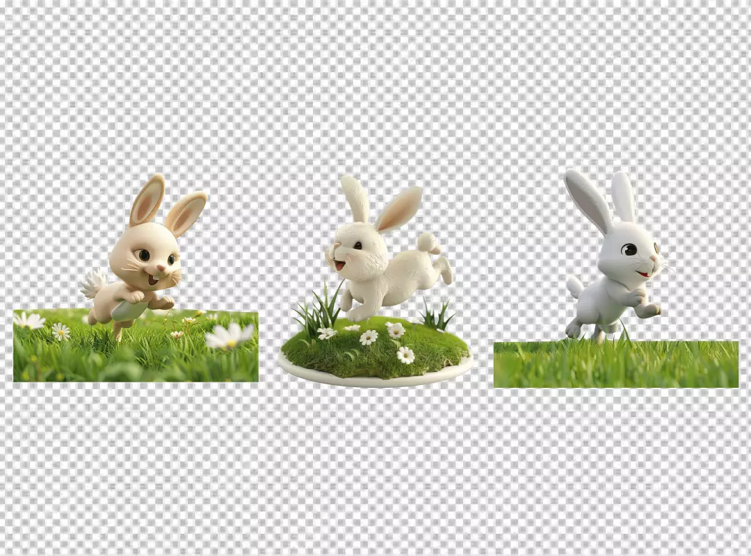 Adorable 3D Cartoon Rabbits Joyfully Jumping Through Vibrant Green Grass