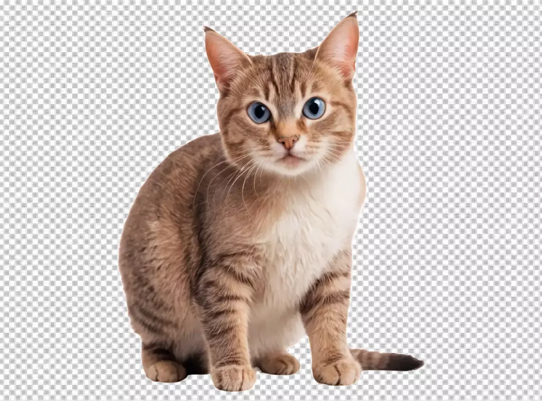 Cute Blue-Eyed Tabby Cat Sitting Attentively Posing with Striped Fur