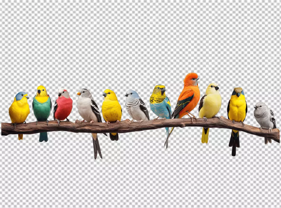 Vibrant Collection of Exotic Birds Perching on a Natural Wooden Branch