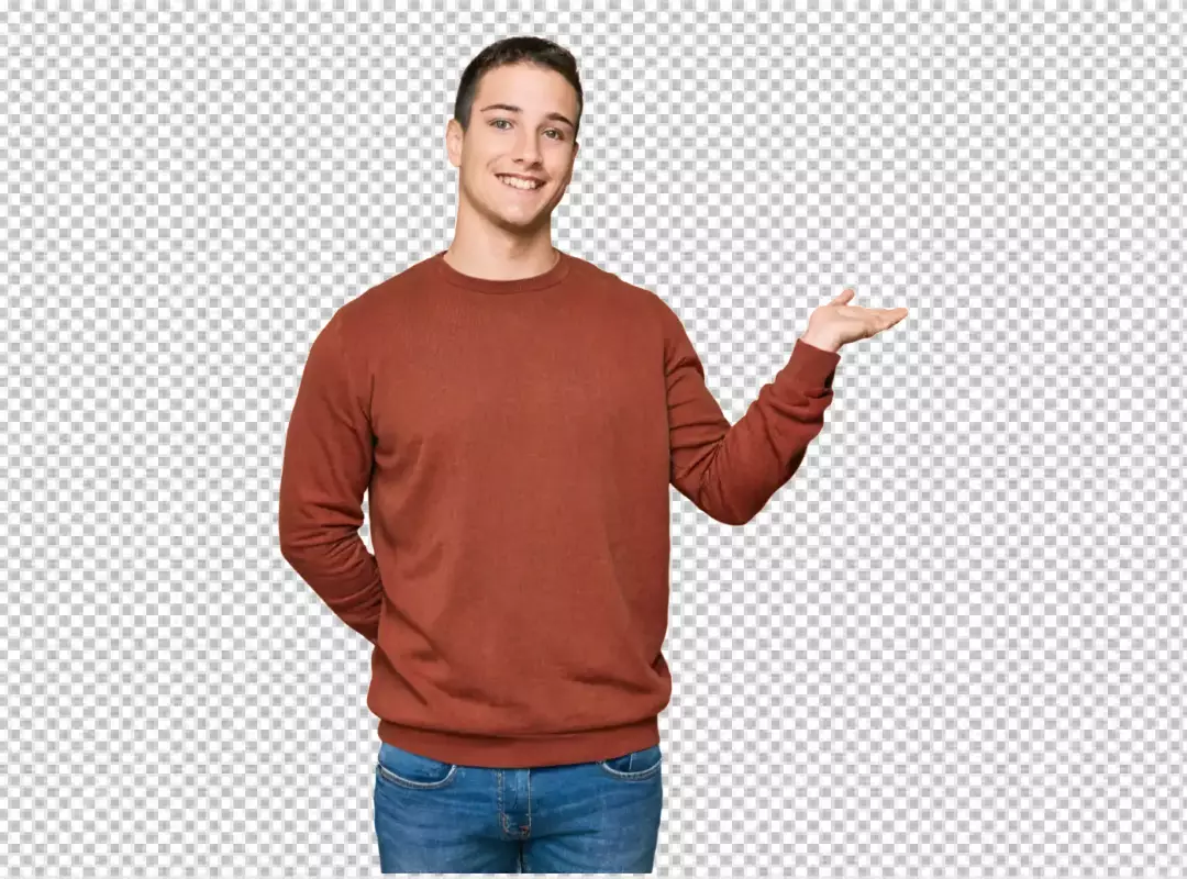 Smiling Young Man Presenting or Offering with Open Palm on White Background