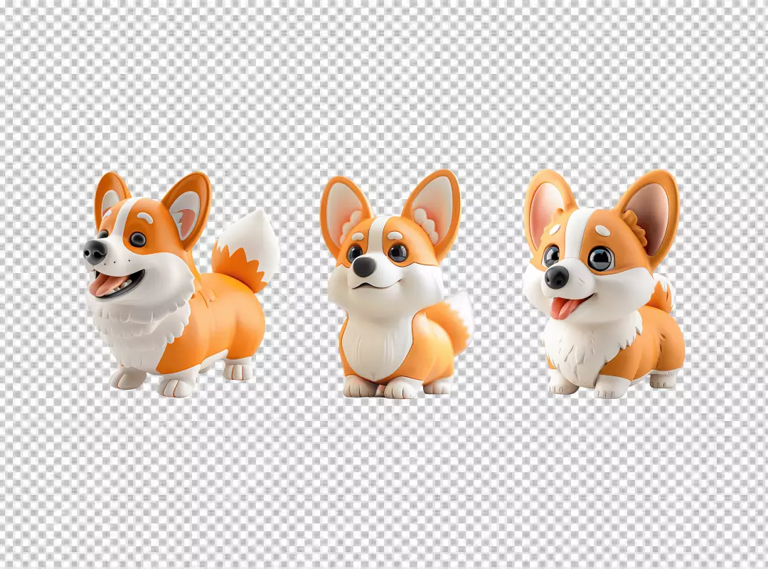 Adorable 3D Cartoon Corgi Dogs Smiling Playfully for Cute Pet Designs