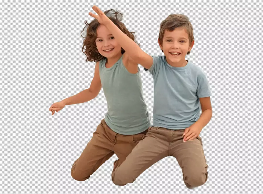Cheerful Young Boy and Girl Siblings Kneeling, Smiling, Making Peace Sign, Childhood Fun