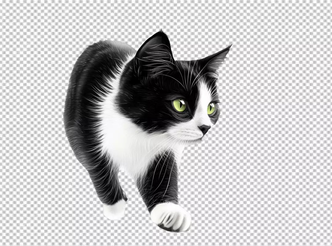 Adorable Tuxedo Cat with Bright Green Eyes Walking Forward PNG Image