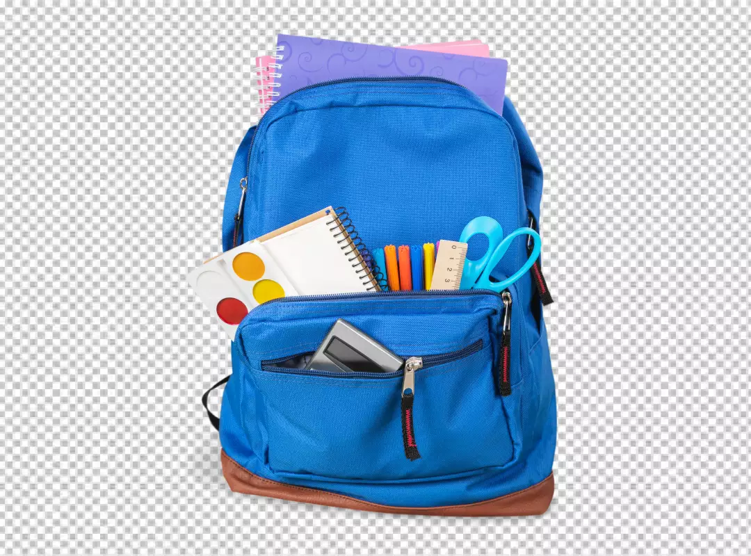 Blue School Backpack Filled with Essential Colorful Stationery and Art Supplies