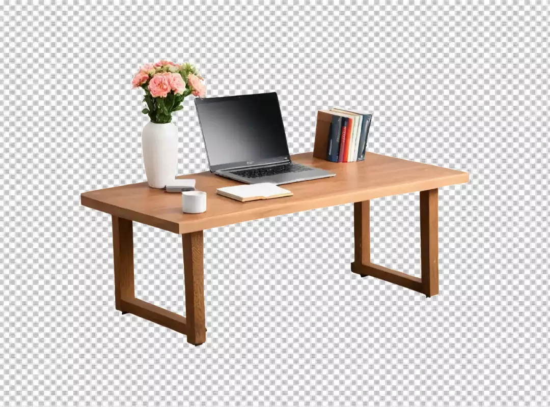 Elegant Wooden Desk with Laptop, Books, and Flowers for a Minimalist Workspace
