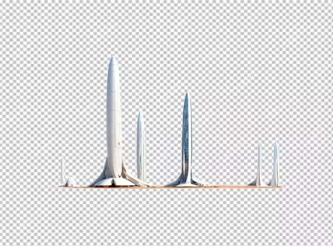 Futuristic Rocket-Shaped Skyscrapers in Desert Landscape Isolated on White