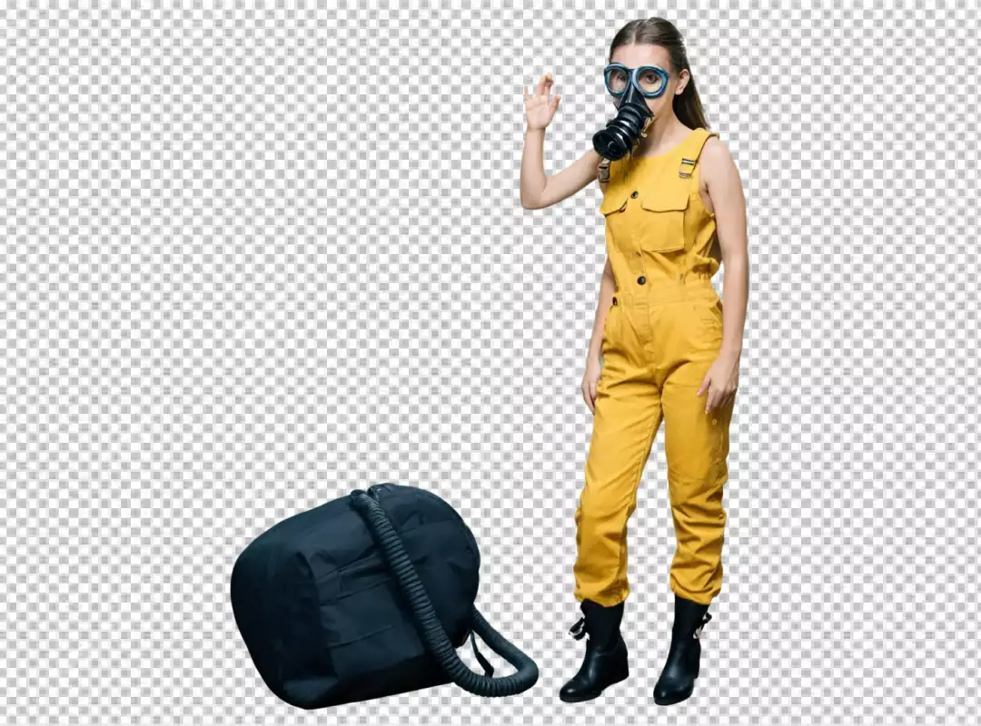 Stylish Woman in Protective Yellow Jumpsuit and Gas Mask, Future Safety Concept