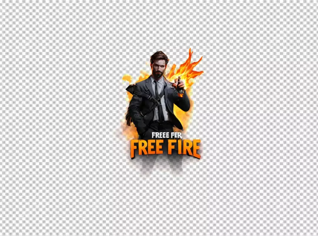 Dynamic Free Fire Game Character in Suit with Fiery Weapon: Intense Mobile Gaming Action