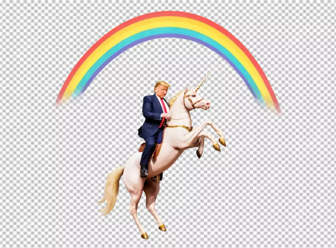 Donald Trump Majestically Riding a Rearing White Unicorn Under a Vibrant Rainbow