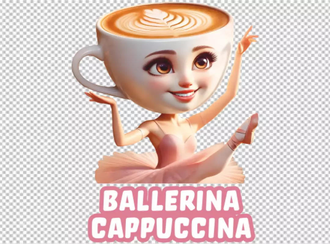 Whimsical Ballerina Character with Cappuccino Coffee Cup Head Dancing