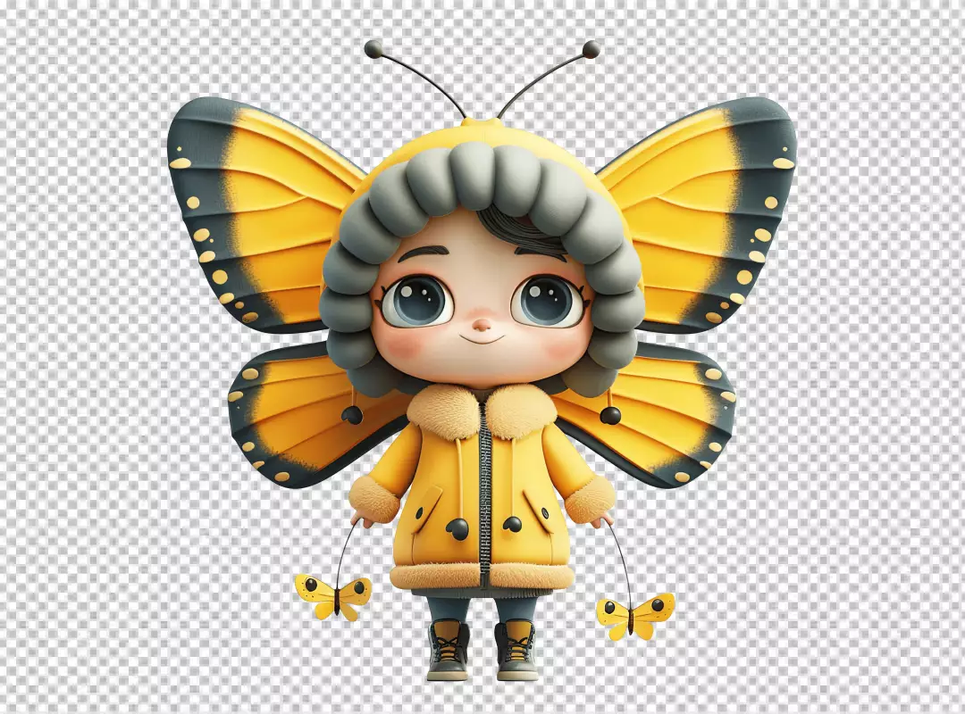 Playful Chibi Girl with Yellow Butterfly Wings and Toy Butterflies PNG
