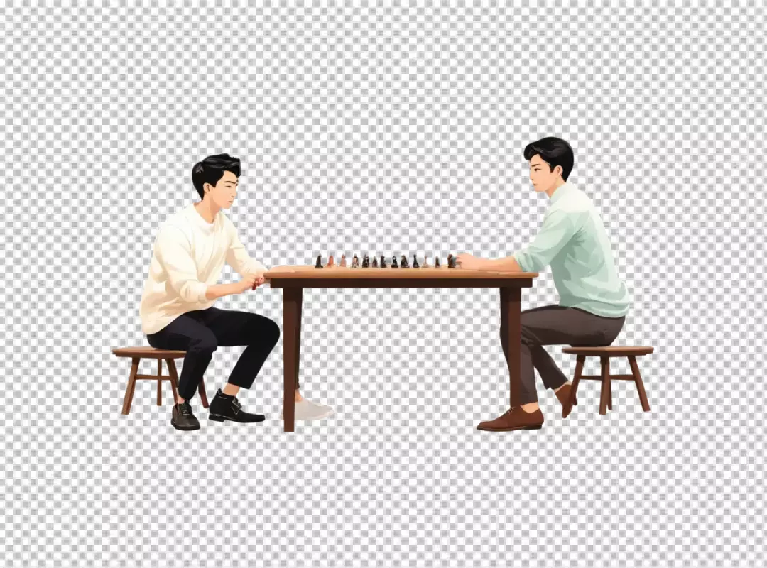 Young Men Playing Strategic Chess Match on Wooden Table, Intellectual Challenge Illustration