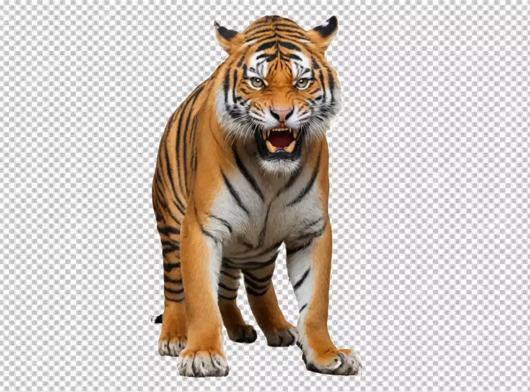 Powerful Bengal Tiger Roaring with Fierce Expression on White Background