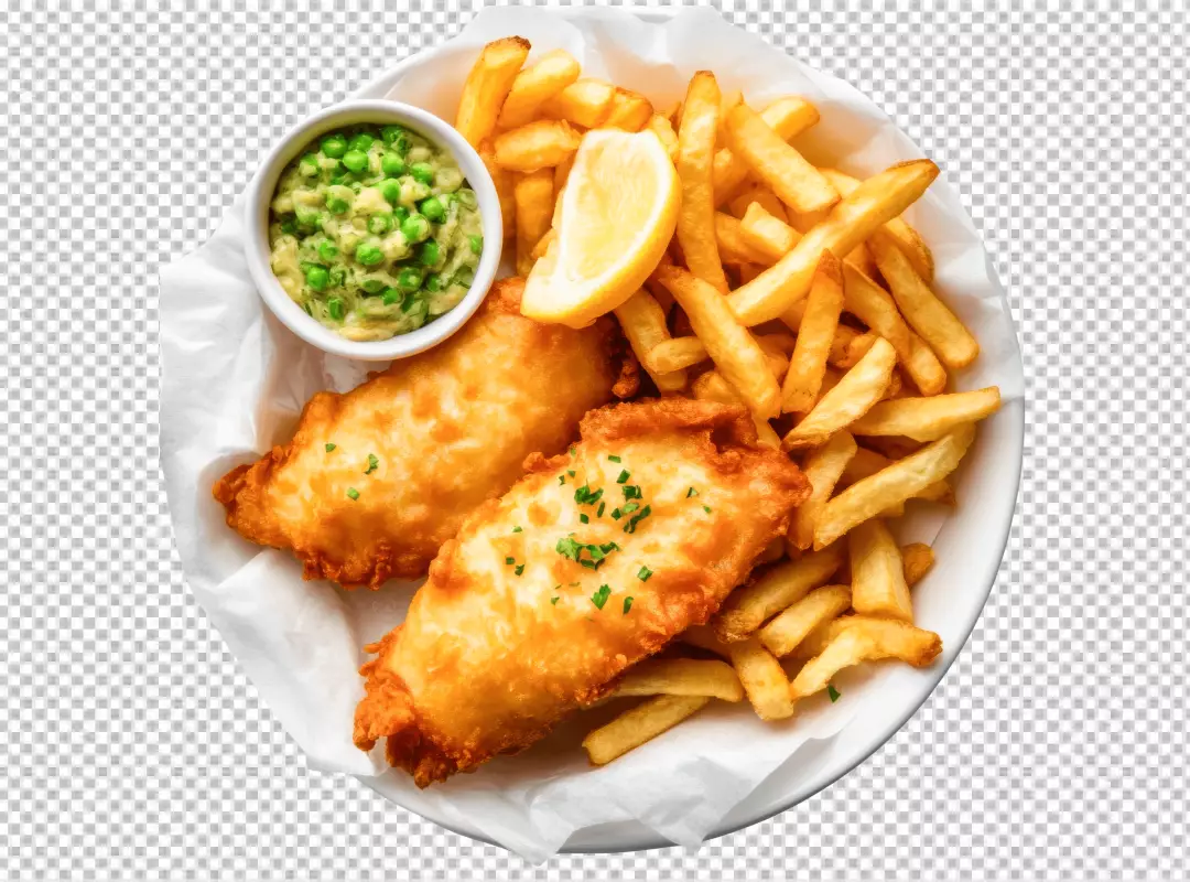 Classic Golden Fried Fish and Chips with Mushy Peas and Lemon Wedge Delicious Fast Food Meal