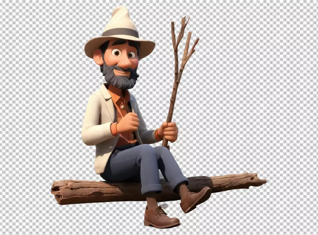 Happy 3D Cartoon Man Sitting on Log with Stick, Friendly Adventurer Character