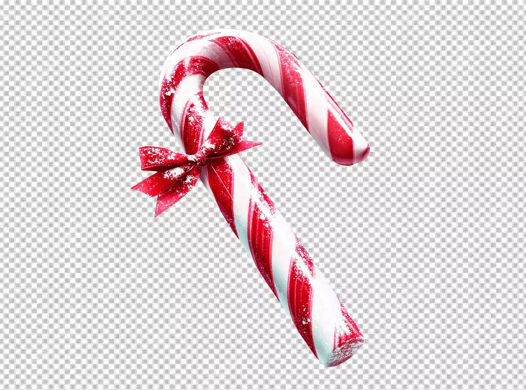 Festive Red and White Christmas Candy Cane with Bow and Snow PNG